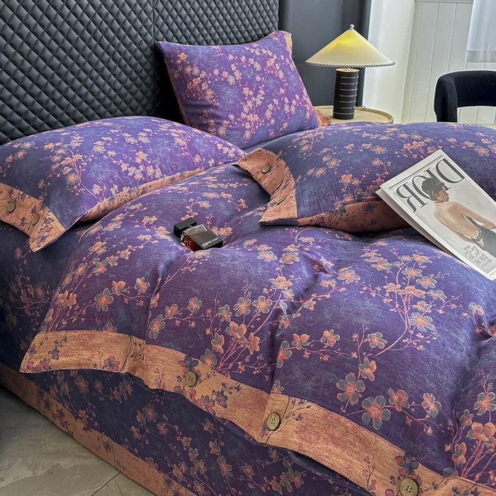 91家纺网 家纺一手货源 找家纺 云天家纺 2026新款A类全棉纯棉色织提花双层纱纽扣款四件套 梅花深紫（套版）