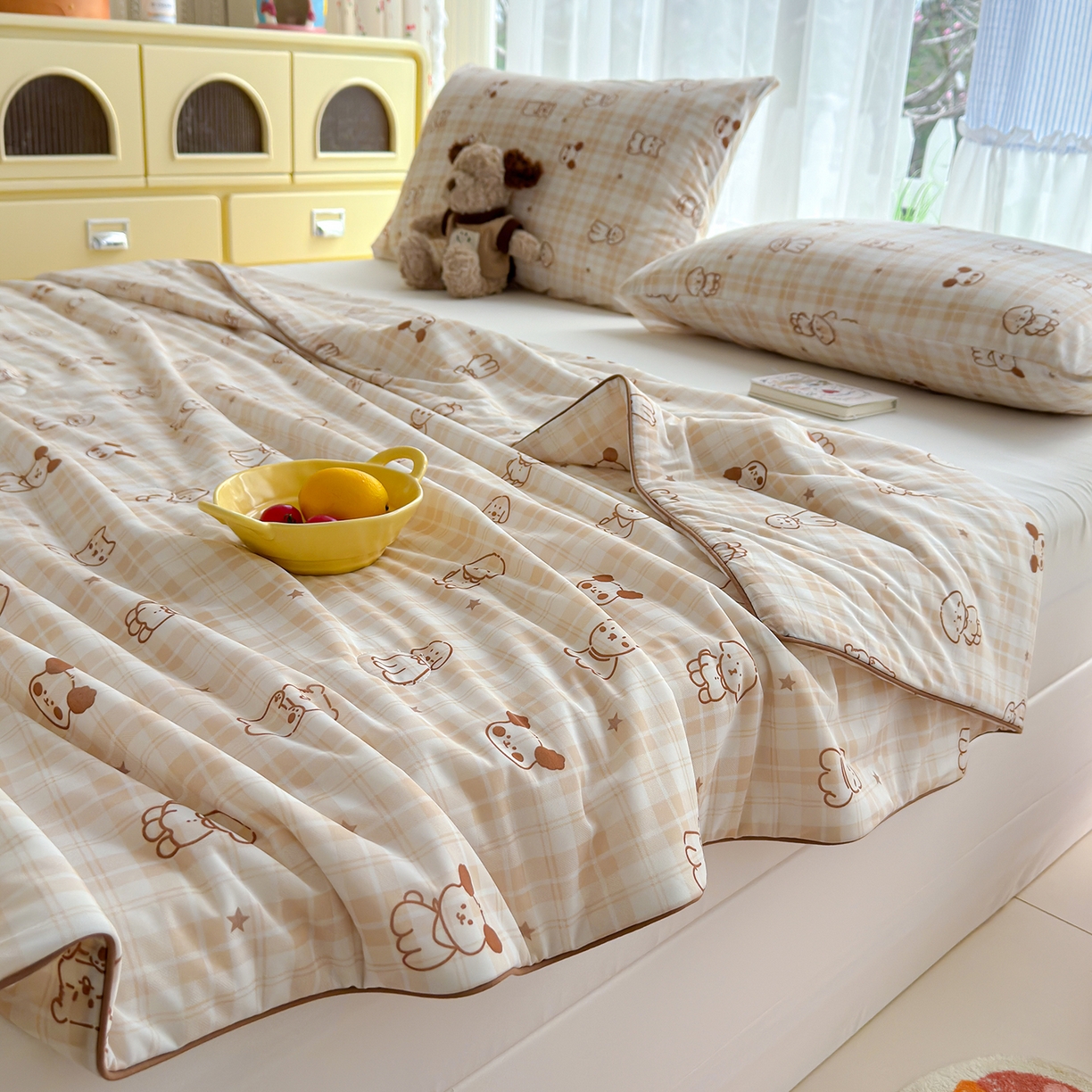 91家纺网 家纺一手货源 找家纺 弗苓家纺 2026新款麻绳款锦氨凉感丝夏被夏凉被空调被 线条狗