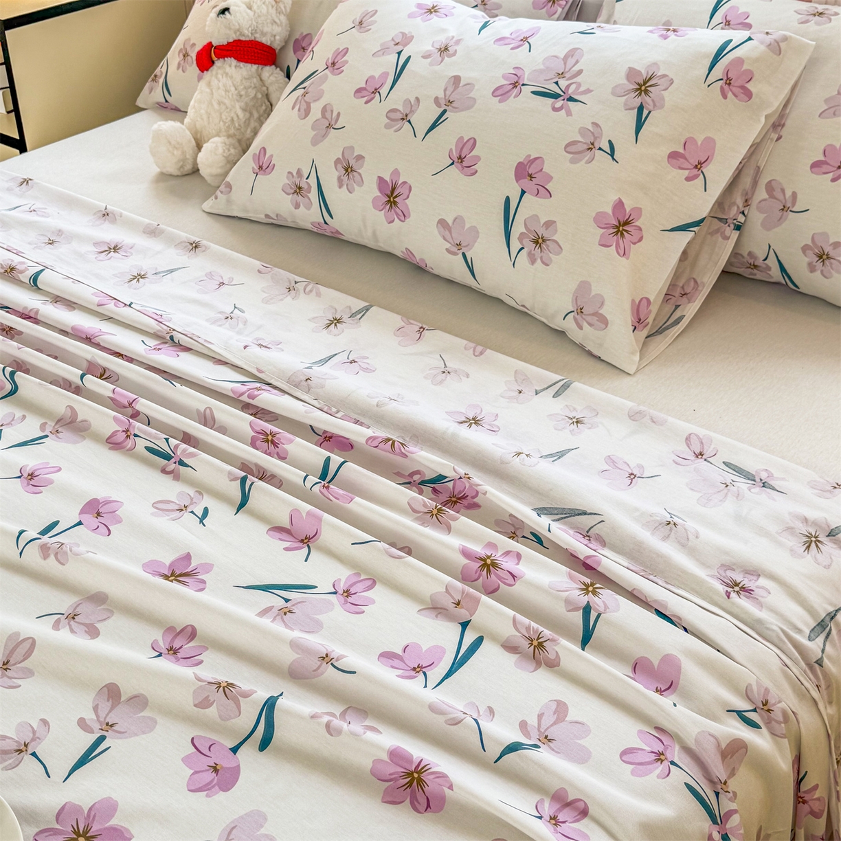 91家纺网 家纺一手货源 找家纺 晨晨家纺 2026春夏新款小清新全棉纯棉印花床单三件套 悠蓝