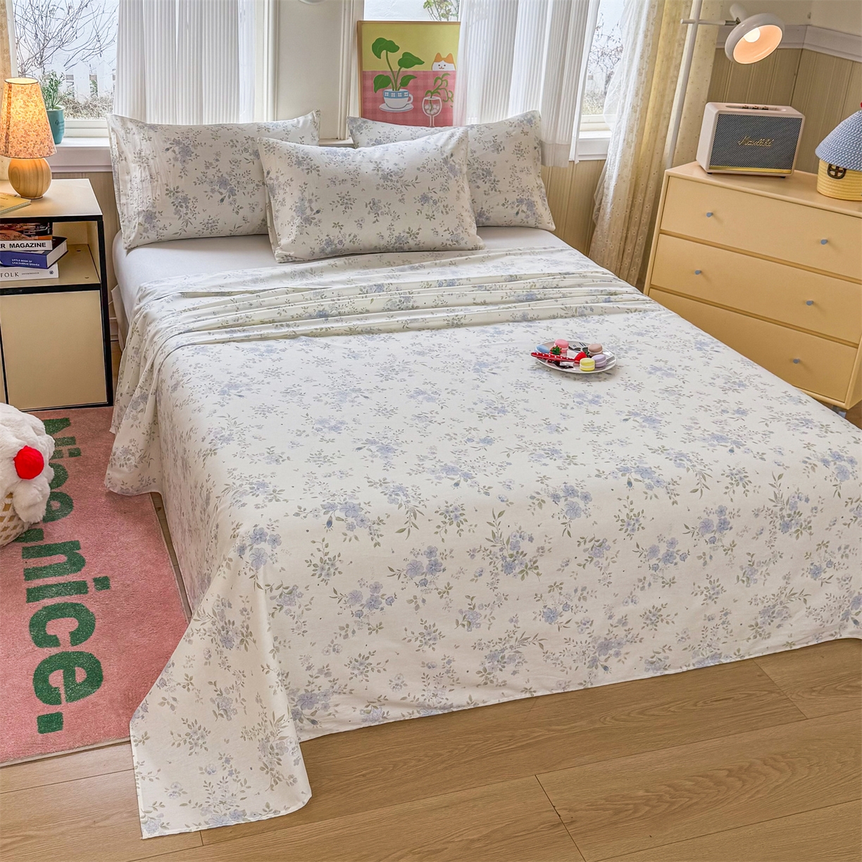 91家纺网 家纺一手货源 找家纺 晨晨家纺 2026春夏新款小清新全棉纯棉印花床单三件套 汀兰点素