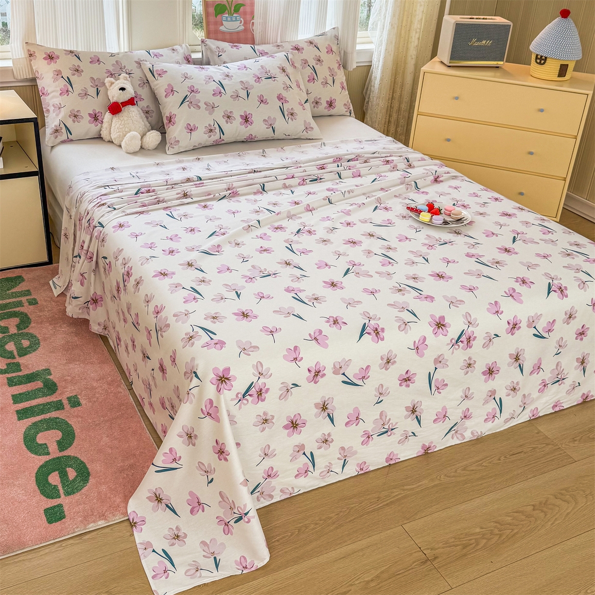 91家纺网 家纺一手货源 找家纺 晨晨家纺 2026春夏新款小清新全棉纯棉印花床单三件套 悠蓝