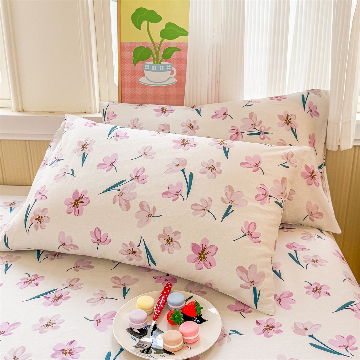 91家纺网 家纺一手货源 找家纺 晨晨家纺 2026春夏新款小清新全棉纯棉印花床单三件套 悠蓝