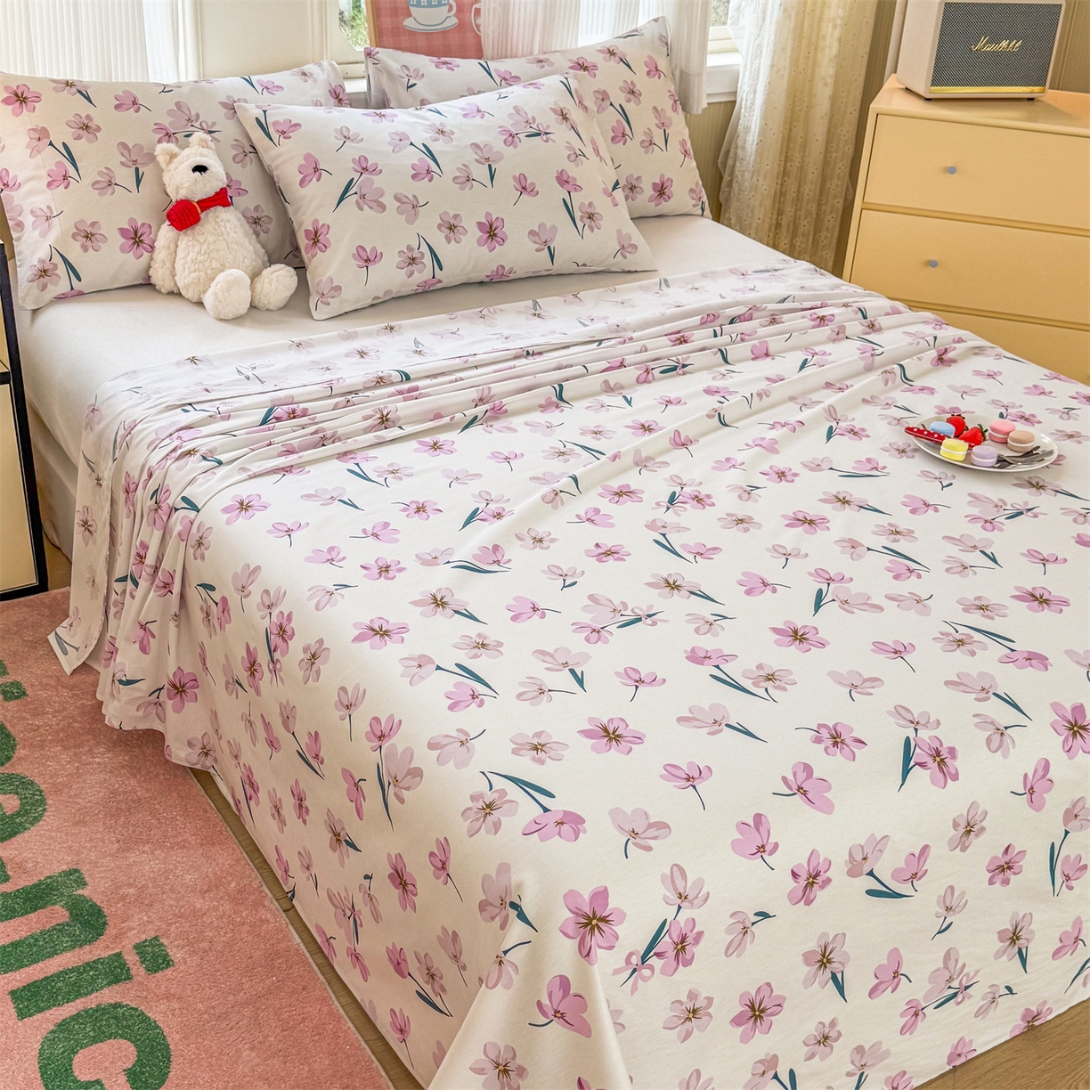 91家纺网 家纺一手货源 找家纺 晨晨家纺 2026春夏新款小清新全棉纯棉印花床单三件套 悠蓝