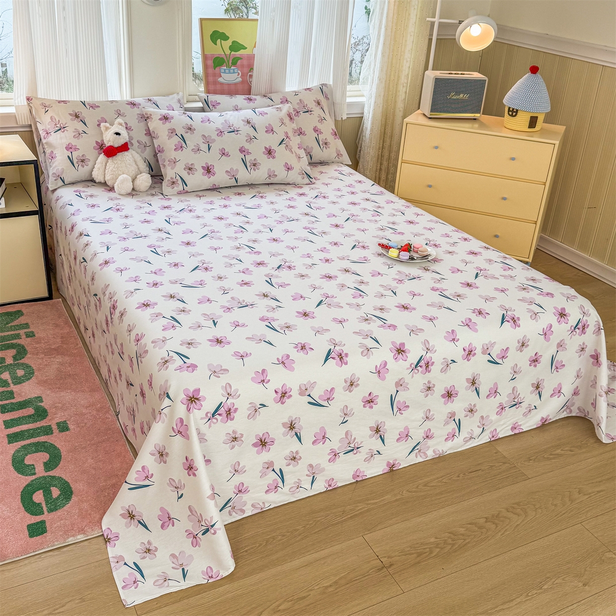 91家纺网 家纺一手货源 找家纺 晨晨家纺 2026春夏新款小清新全棉纯棉印花床单三件套 悠蓝