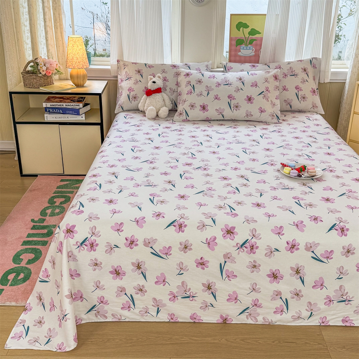 91家纺网 家纺一手货源 找家纺 晨晨家纺 2026春夏新款小清新全棉纯棉印花床单三件套 悠蓝