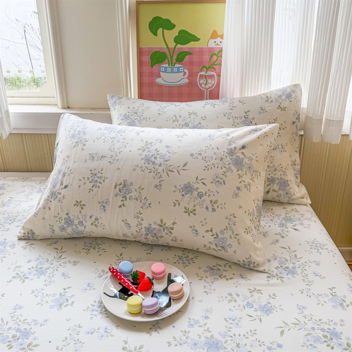 91家纺网 家纺一手货源 找家纺 晨晨家纺 2026春夏新款小清新全棉纯棉印花床单三件套 汀兰点素