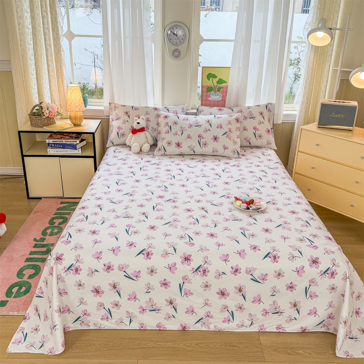 91家纺网 家纺一手货源 找家纺 晨晨家纺 2026春夏新款小清新全棉纯棉印花床单三件套 悠蓝