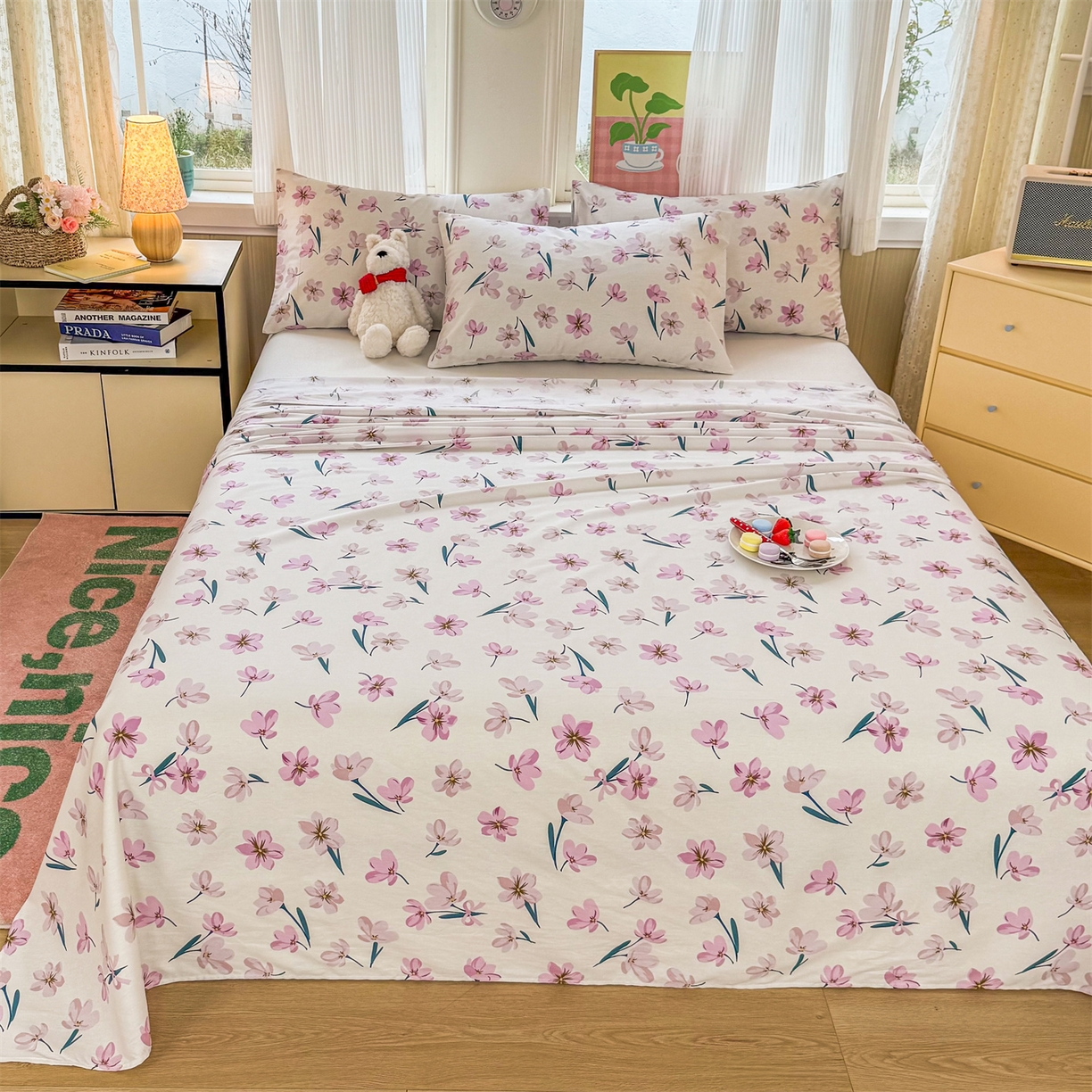 91家纺网 家纺一手货源 找家纺 晨晨家纺 2026春夏新款小清新全棉纯棉印花床单三件套 悠蓝