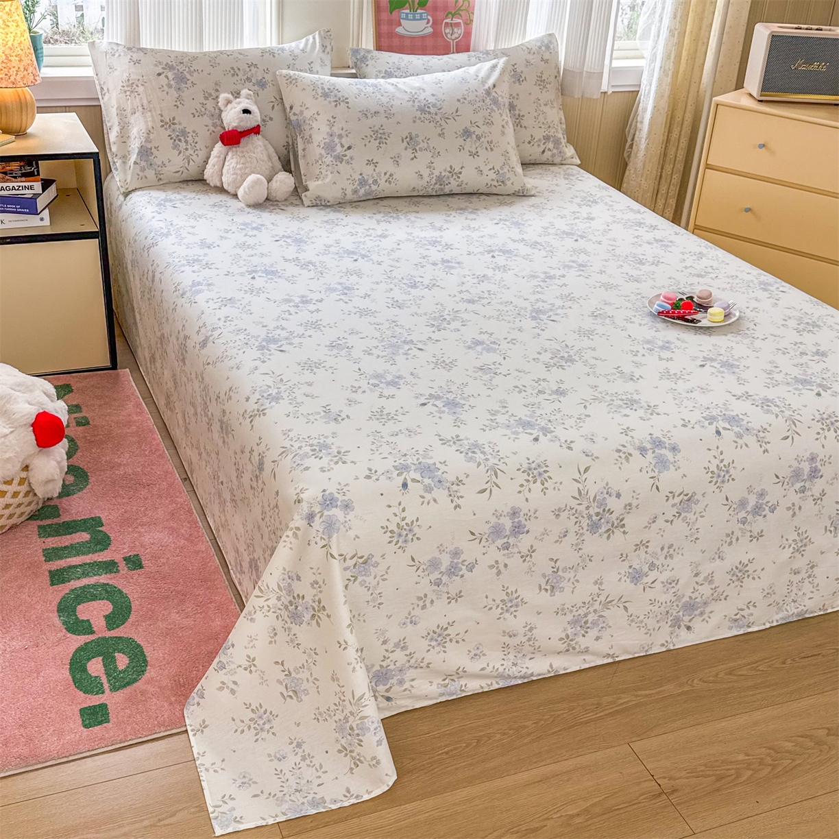 晨晨家纺 2026春夏新款小清新全棉纯棉印花床单三件套 汀兰点素