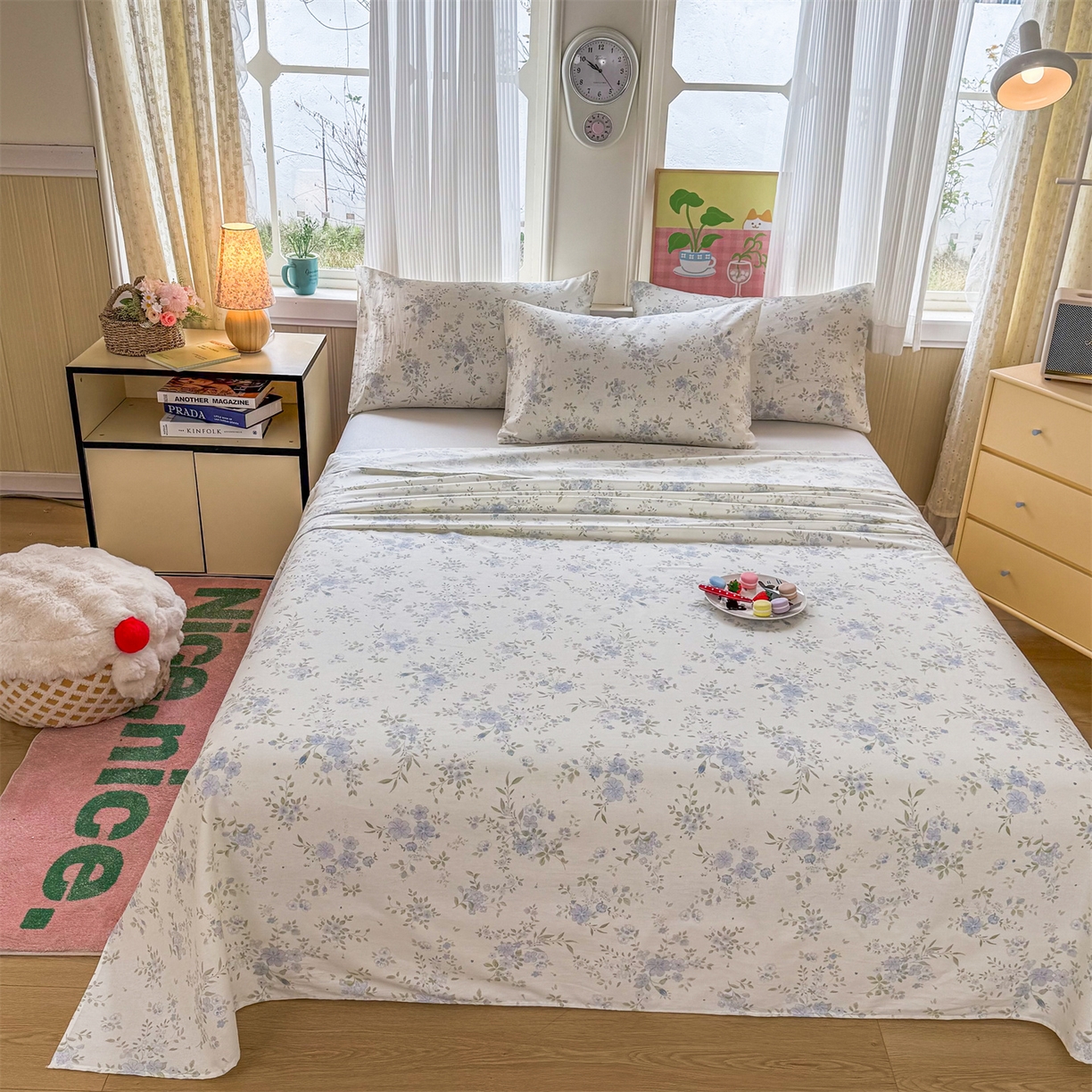 91家纺网 家纺一手货源 找家纺 晨晨家纺 2026春夏新款小清新全棉纯棉印花床单三件套 汀兰点素