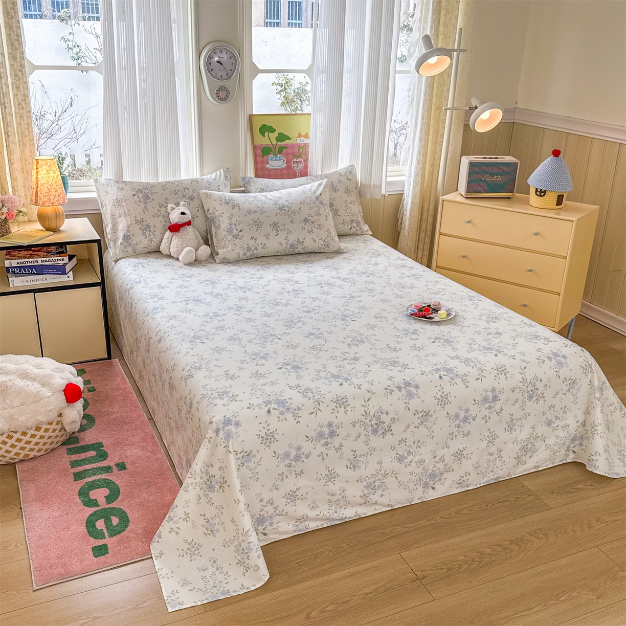 91家纺网 家纺一手货源 找家纺 晨晨家纺 2026春夏新款小清新全棉纯棉印花床单三件套 汀兰点素