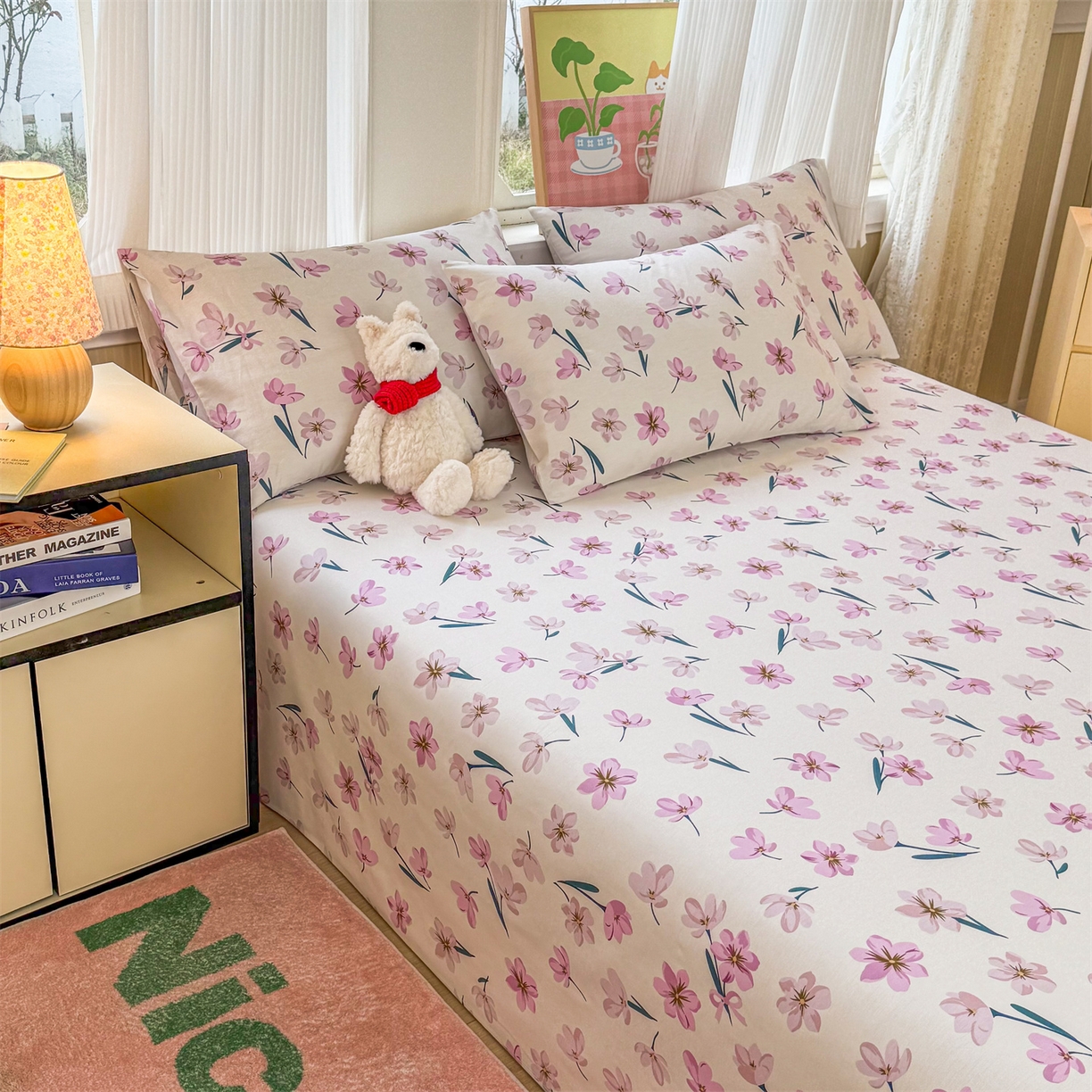 91家纺网 家纺一手货源 找家纺 晨晨家纺 2026春夏新款小清新全棉纯棉印花床单三件套 悠蓝