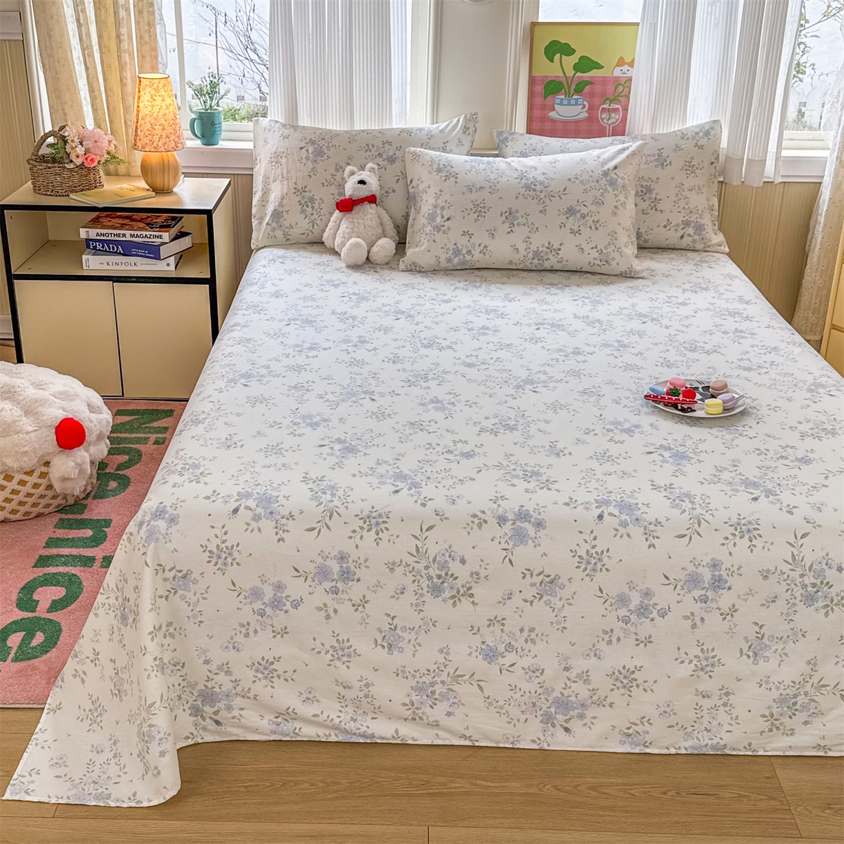 91家纺网 家纺一手货源 找家纺 晨晨家纺 2026春夏新款小清新全棉纯棉印花床单三件套 汀兰点素