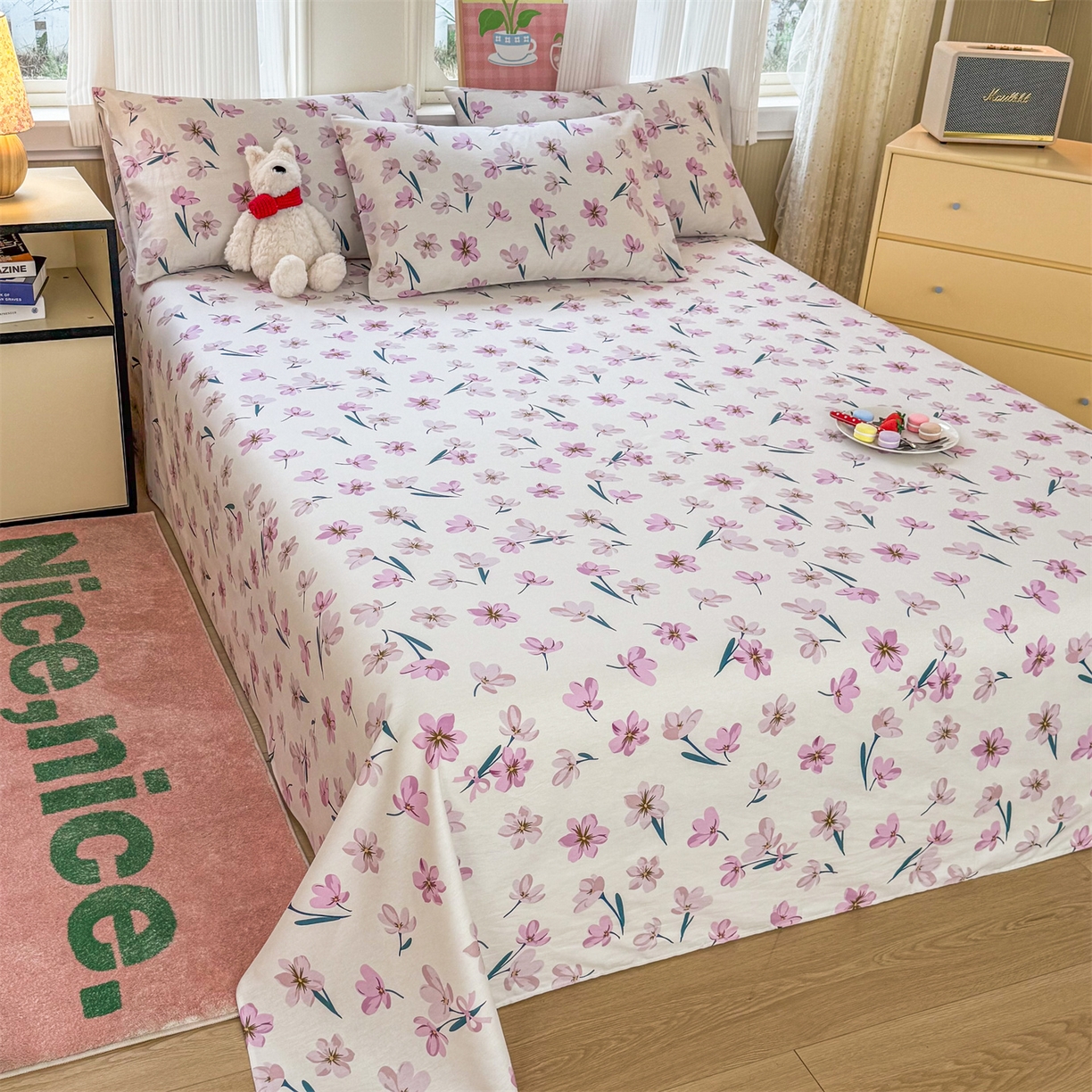 晨晨家纺 2026春夏新款小清新全棉纯棉印花床单三件套 悠蓝