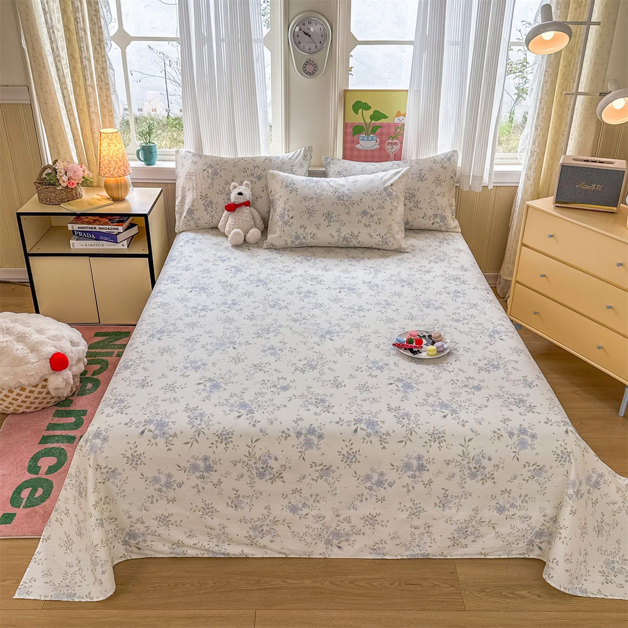 91家纺网 家纺一手货源 找家纺 晨晨家纺 2026春夏新款小清新全棉纯棉印花床单三件套 汀兰点素