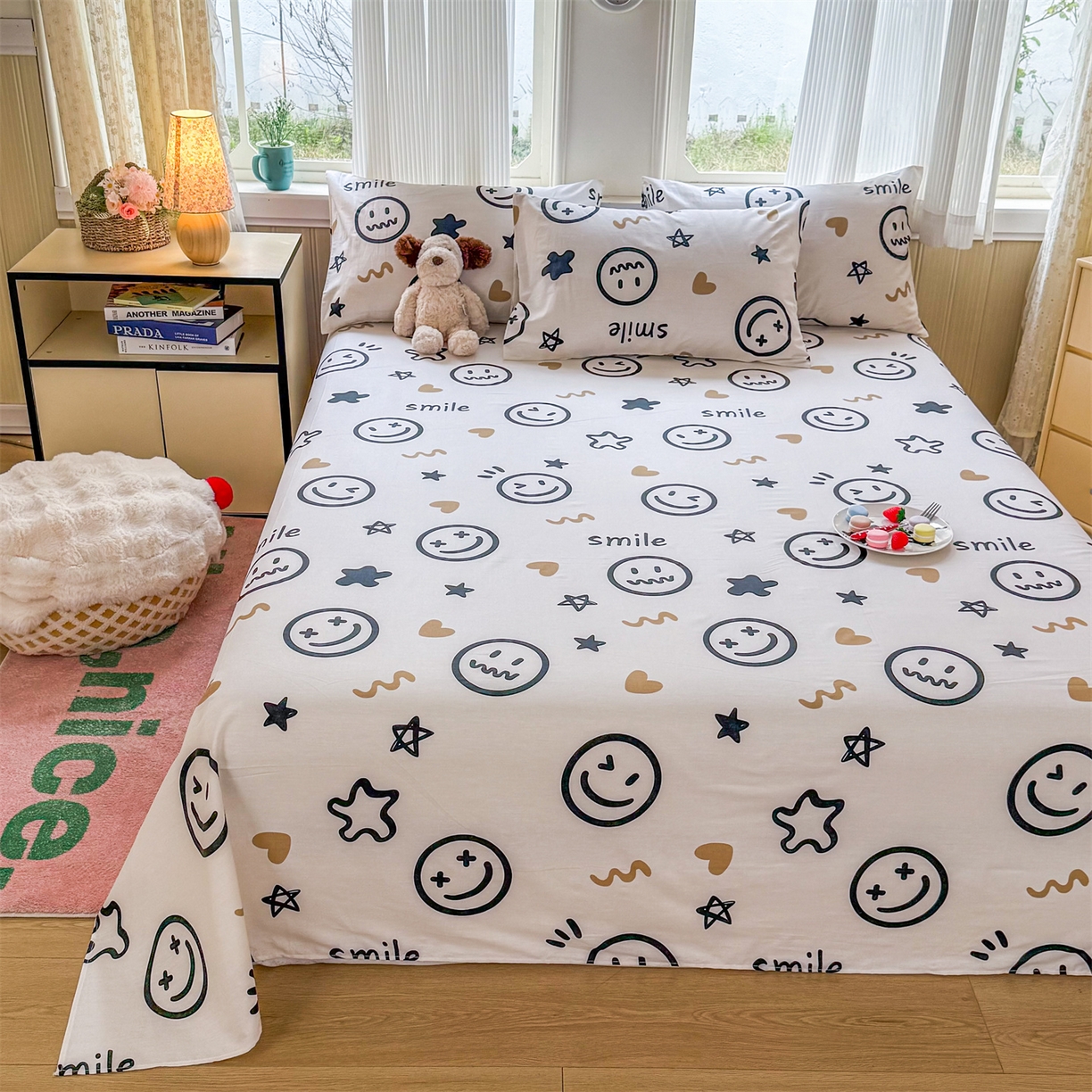 91家纺网 家纺一手货源 找家纺 晨晨家纺 2026春夏新款小清新全棉纯棉印花床单三件套 乐天派