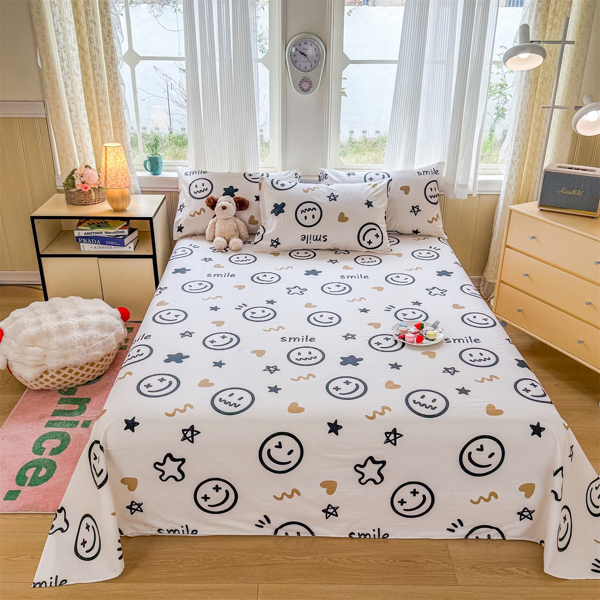 91家纺网 家纺一手货源 找家纺 晨晨家纺 2026春夏新款小清新全棉纯棉印花床单三件套 乐天派