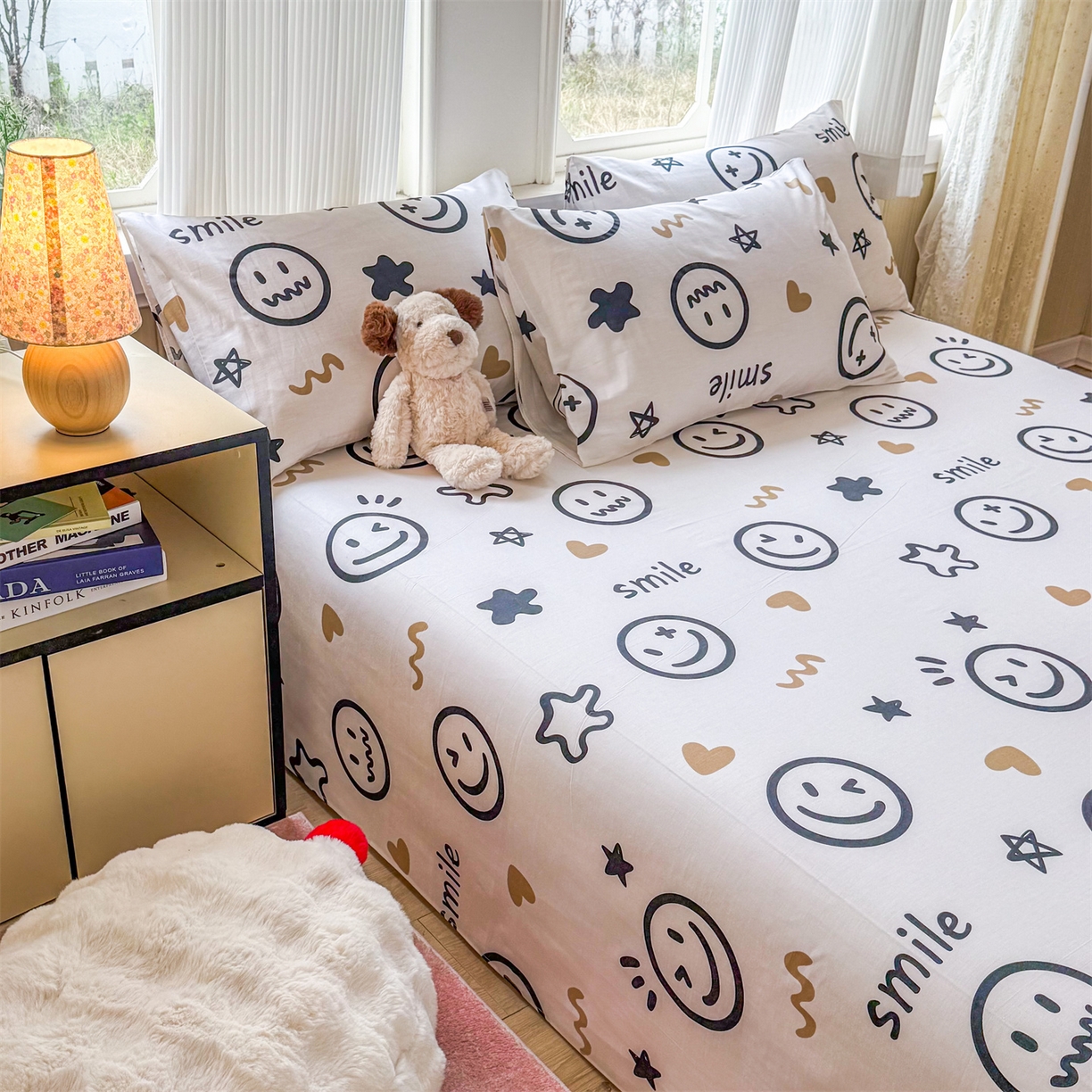 91家纺网 家纺一手货源 找家纺 晨晨家纺 2026春夏新款小清新全棉纯棉印花床单三件套 乐天派