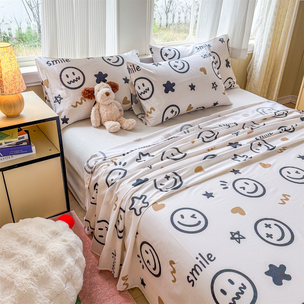 91家纺网 家纺一手货源 找家纺 晨晨家纺 2026春夏新款小清新全棉纯棉印花床单三件套 乐天派