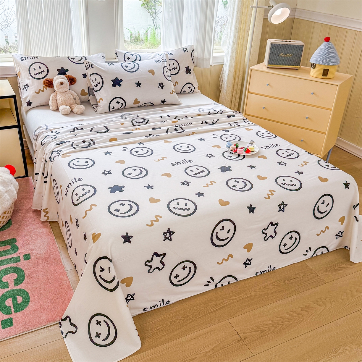 91家纺网 家纺一手货源 找家纺 晨晨家纺 2026春夏新款小清新全棉纯棉印花床单三件套 乐天派