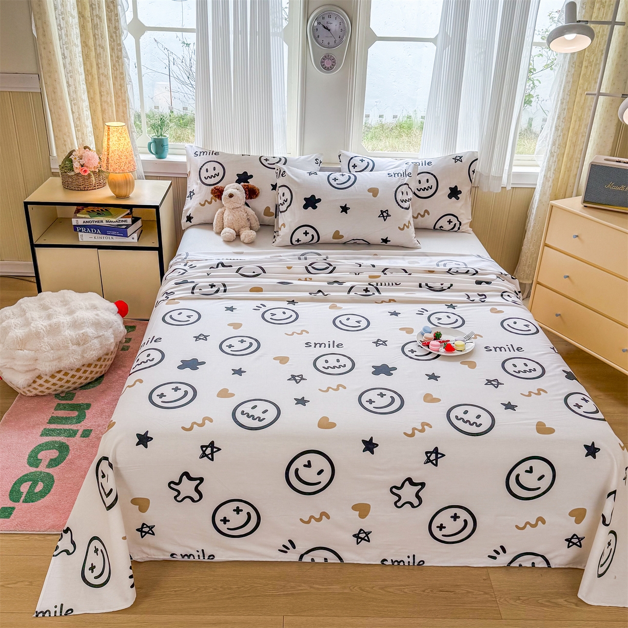 91家纺网 家纺一手货源 找家纺 晨晨家纺 2026春夏新款小清新全棉纯棉印花床单三件套 乐天派