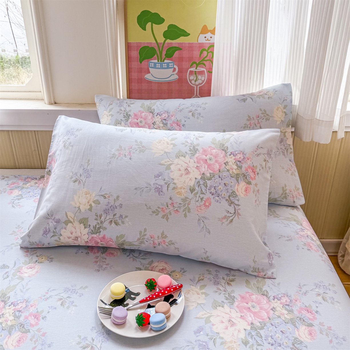 91家纺网 家纺一手货源 找家纺 晨晨家纺 2026春夏新款小清新全棉纯棉印花床单三件套 秘境