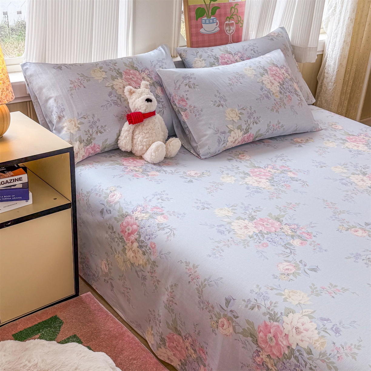 91家纺网 家纺一手货源 找家纺 晨晨家纺 2026春夏新款小清新全棉纯棉印花床单三件套 秘境