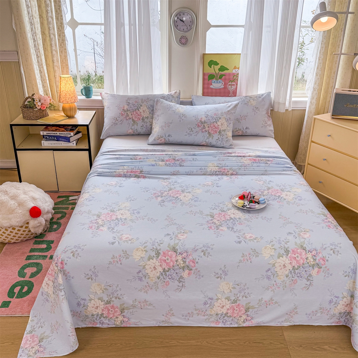 91家纺网 家纺一手货源 找家纺 晨晨家纺 2026春夏新款小清新全棉纯棉印花床单三件套 秘境