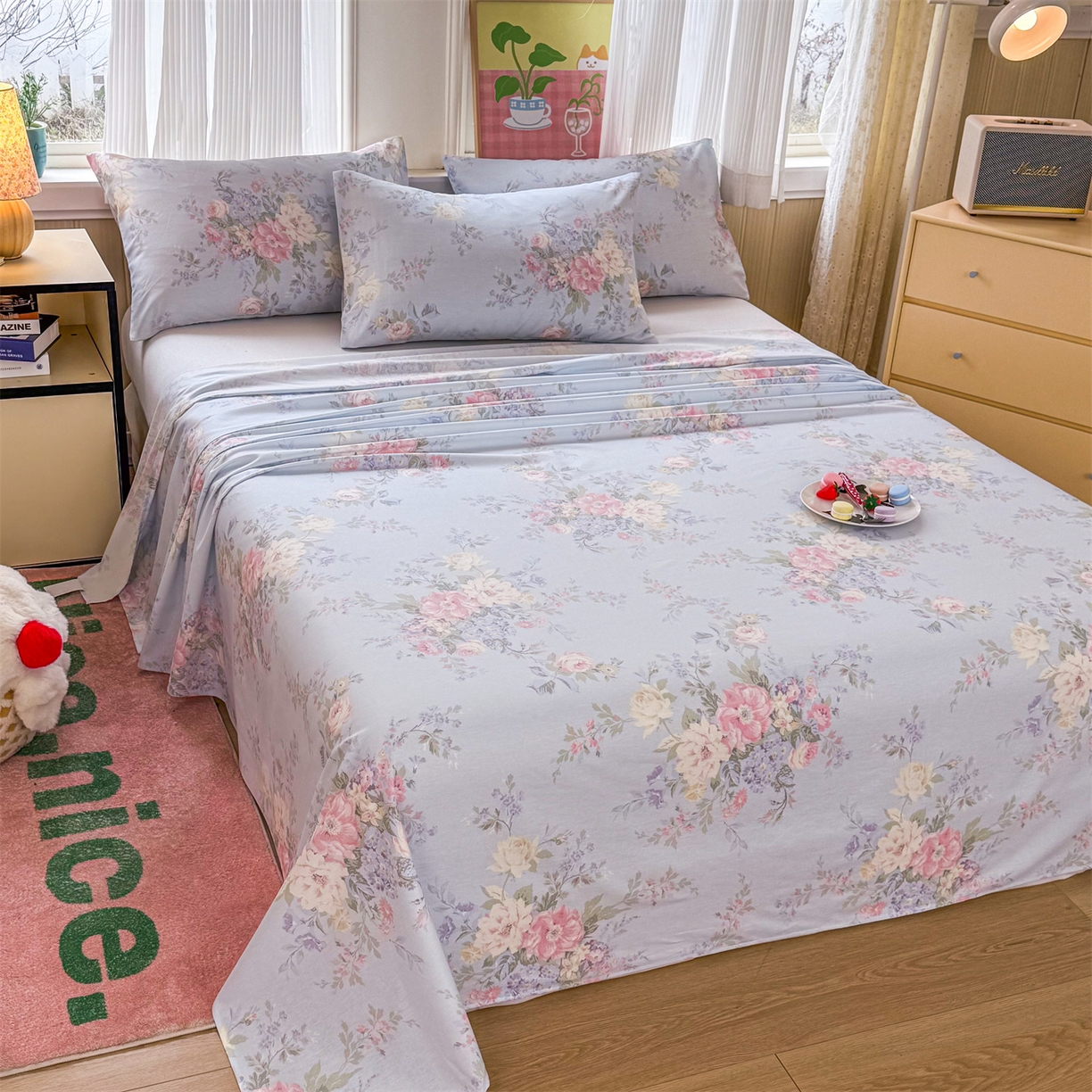 91家纺网 家纺一手货源 找家纺 晨晨家纺 2026春夏新款小清新全棉纯棉印花床单三件套 秘境