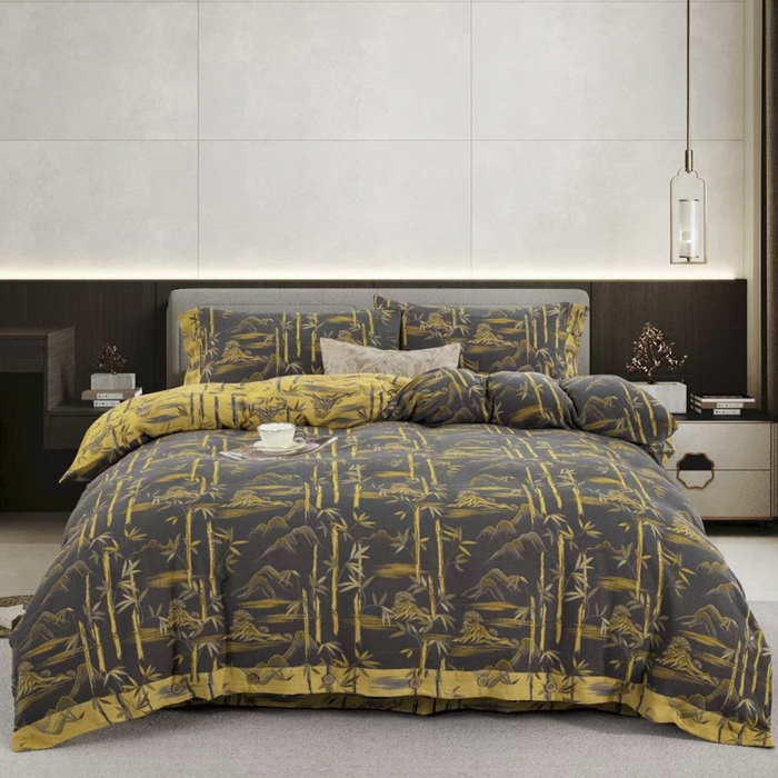 91家纺网 家纺一手货源 找家纺 云天家纺 2026新款A类全棉纯棉色织提花双层纱纽扣款四件套 竹清风影