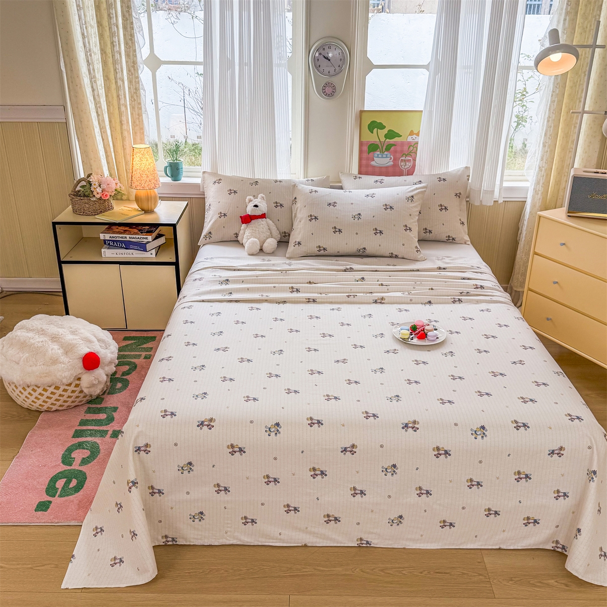 91家纺网 家纺一手货源 找家纺 晨晨家纺 2026春夏新款小清新全棉纯棉印花床单三件套 马上有钱