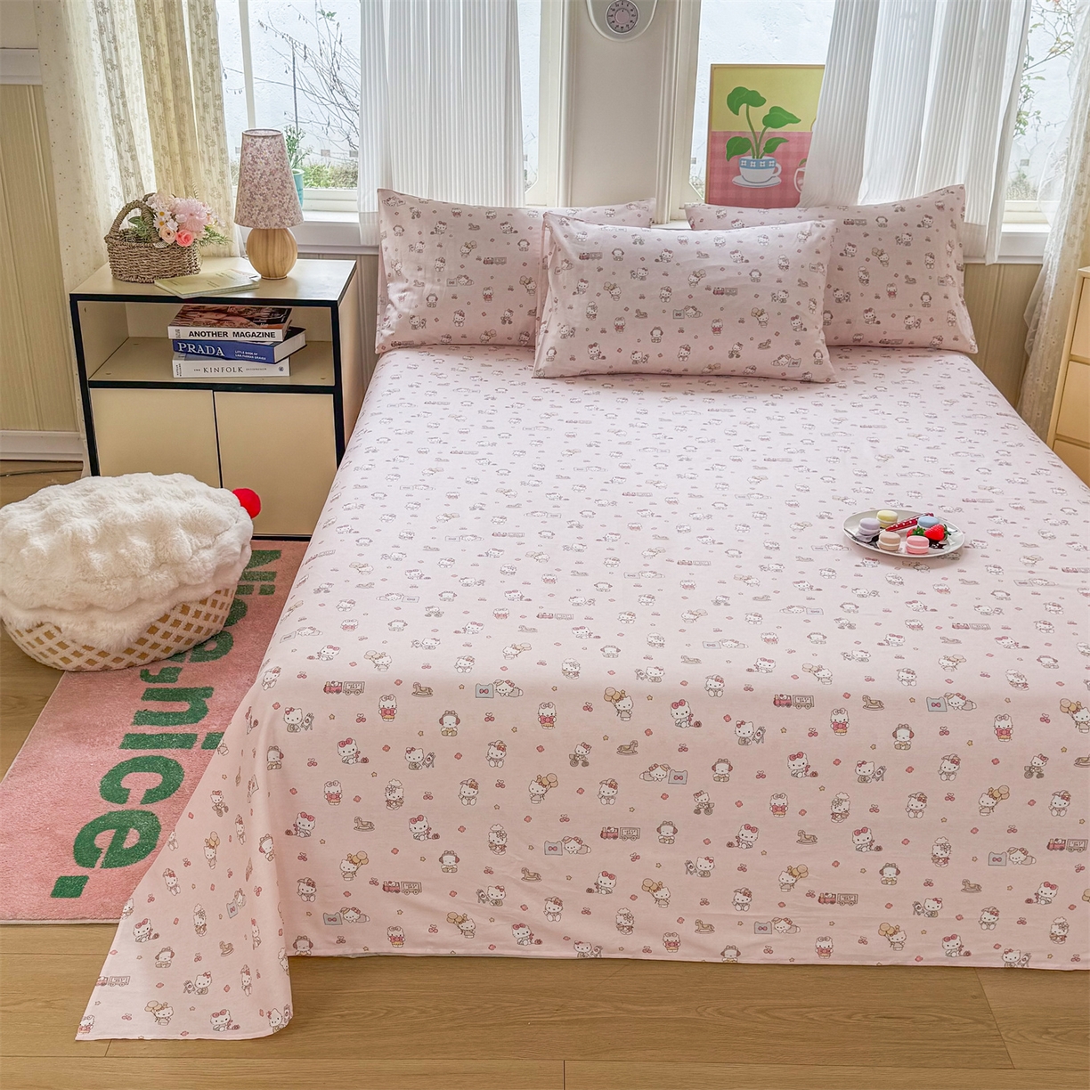 91家纺网 家纺一手货源 找家纺 晨晨家纺 2026春夏新款小清新全棉纯棉印花床单三件套 凯蒂公主