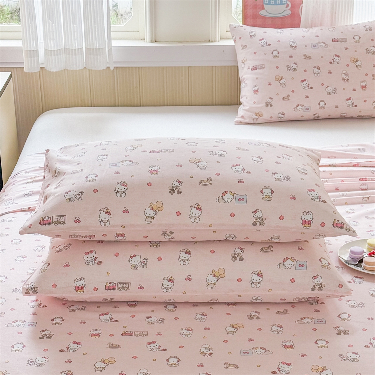 91家纺网 家纺一手货源 找家纺 晨晨家纺 2026春夏新款小清新全棉纯棉印花床单三件套 凯蒂公主