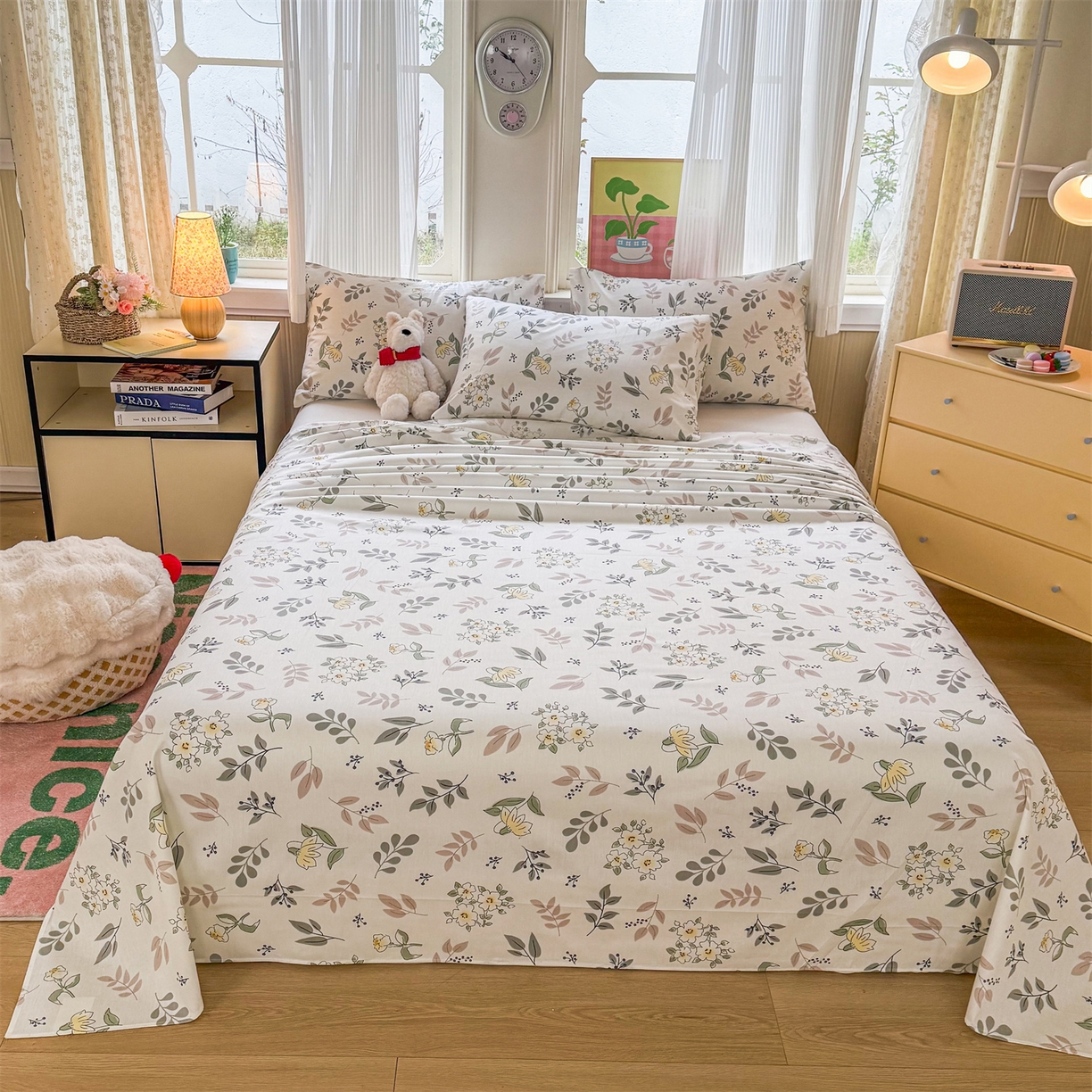 91家纺网 家纺一手货源 找家纺 晨晨家纺 2026春夏新款小清新全棉纯棉印花床单三件套 花韵