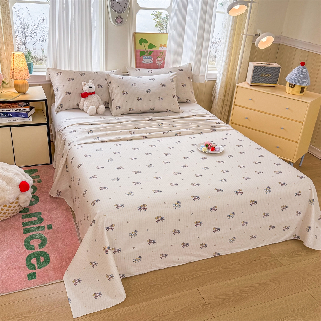 91家纺网 家纺一手货源 找家纺 晨晨家纺 2026春夏新款小清新全棉纯棉印花床单三件套 马上有钱