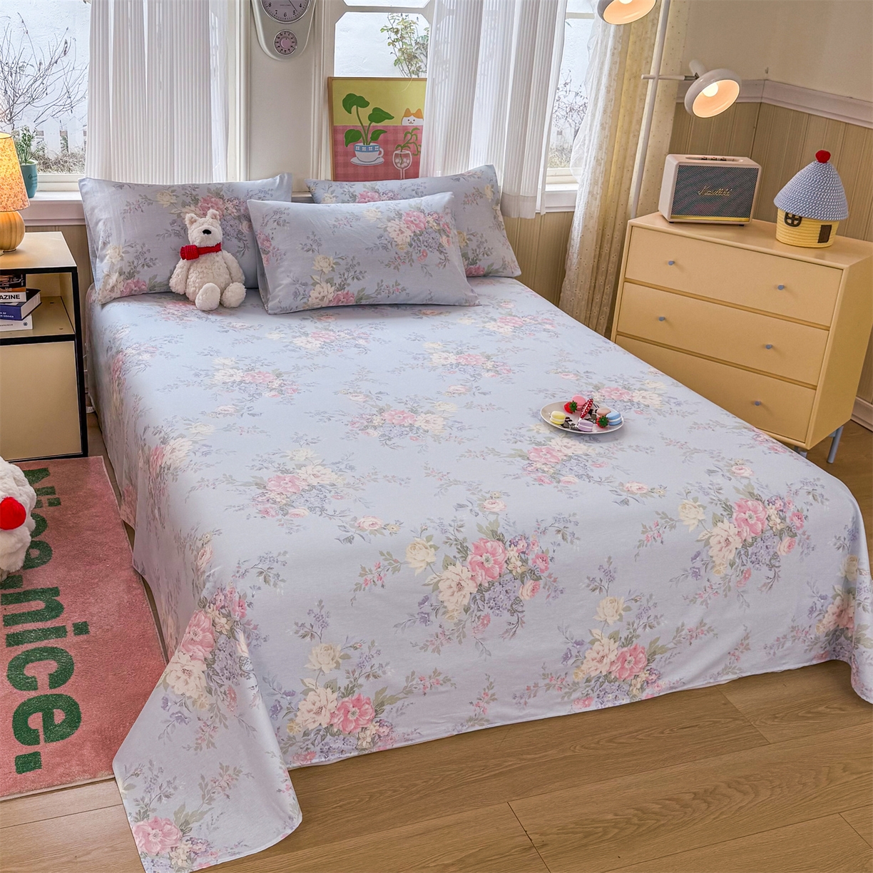 91家纺网 家纺一手货源 找家纺 晨晨家纺 2026春夏新款小清新全棉纯棉印花床单三件套 秘境