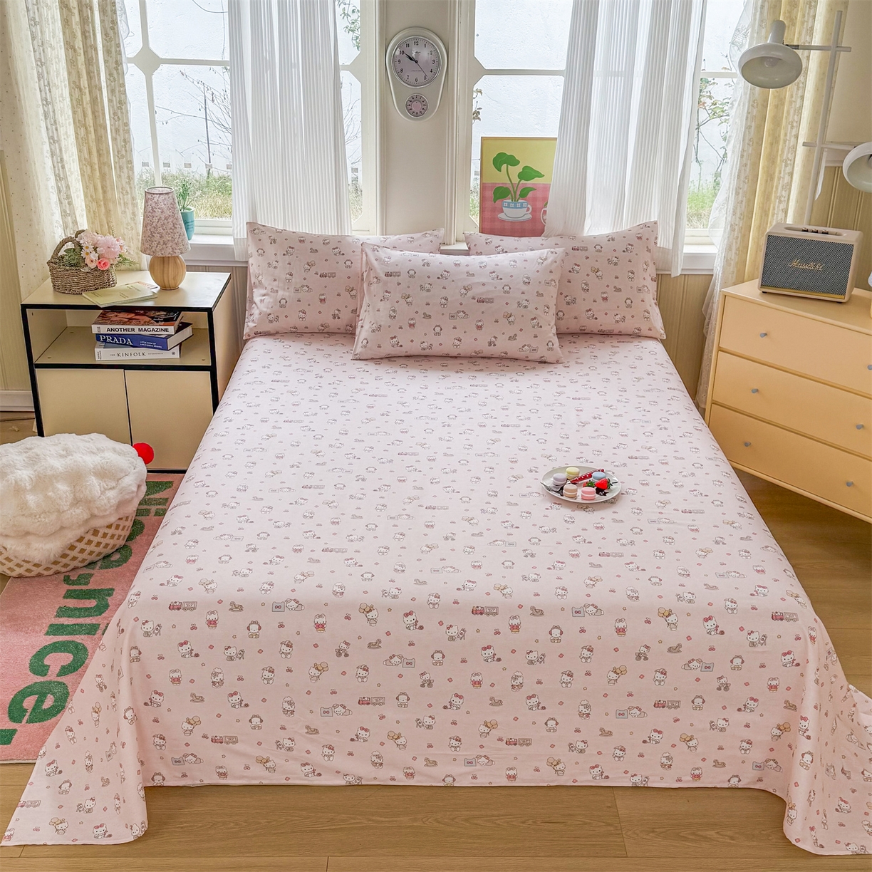 91家纺网 家纺一手货源 找家纺 晨晨家纺 2026春夏新款小清新全棉纯棉印花床单三件套 凯蒂公主