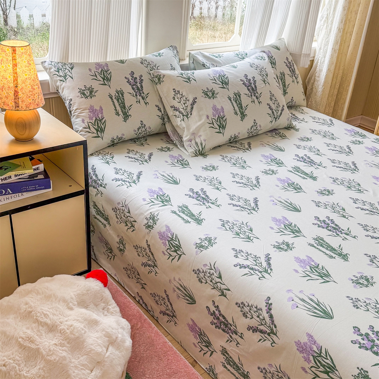91家纺网 家纺一手货源 找家纺 晨晨家纺 2026春夏新款小清新全棉纯棉印花床单三件套 薰衣草