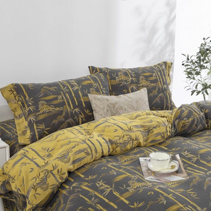 91家纺网 家纺一手货源 找家纺 云天家纺 2026新款A类全棉纯棉色织提花双层纱纽扣款四件套 竹清风影