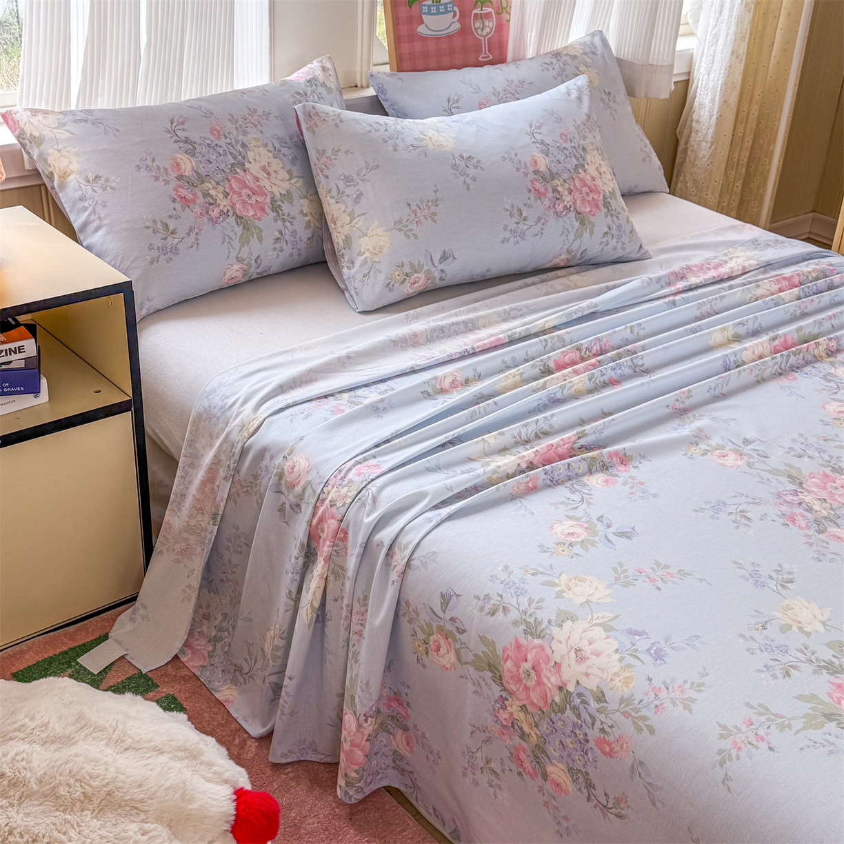 91家纺网 家纺一手货源 找家纺 晨晨家纺 2026春夏新款小清新全棉纯棉印花床单三件套 秘境