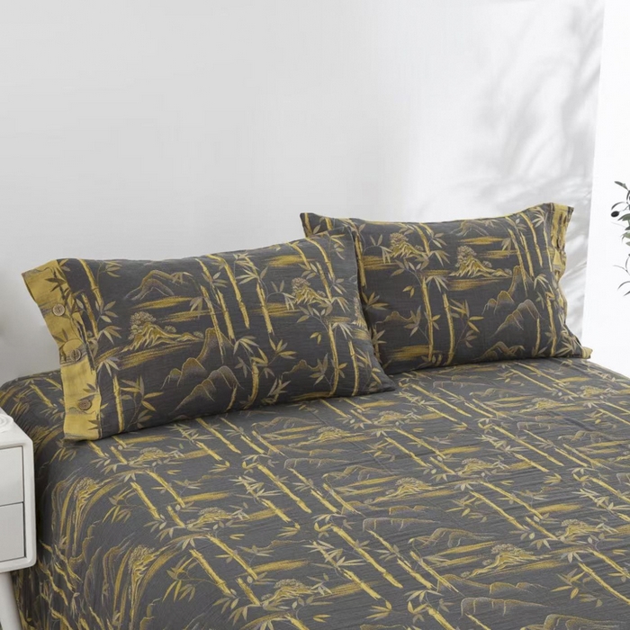 91家纺网 家纺一手货源 找家纺 云天家纺 2026新款A类全棉纯棉色织提花双层纱纽扣款四件套 竹清风影