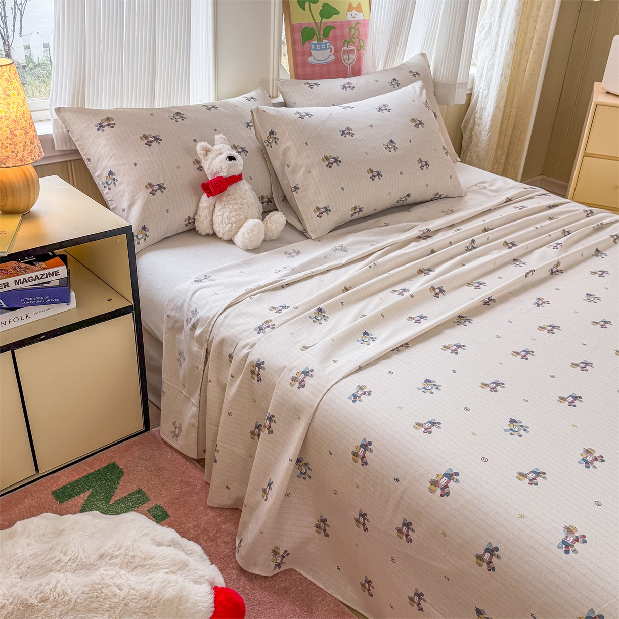 91家纺网 家纺一手货源 找家纺 晨晨家纺 2026春夏新款小清新全棉纯棉印花床单三件套 马上有钱