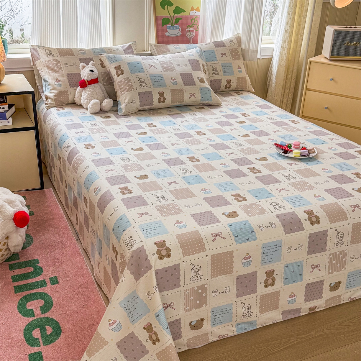 晨晨家纺 2026春夏新款小清新全棉纯棉印花床单三件套 饼干熊