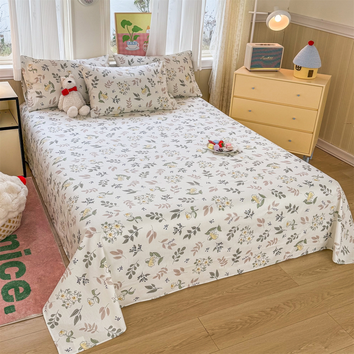 91家纺网 家纺一手货源 找家纺 晨晨家纺 2026春夏新款小清新全棉纯棉印花床单三件套 花韵