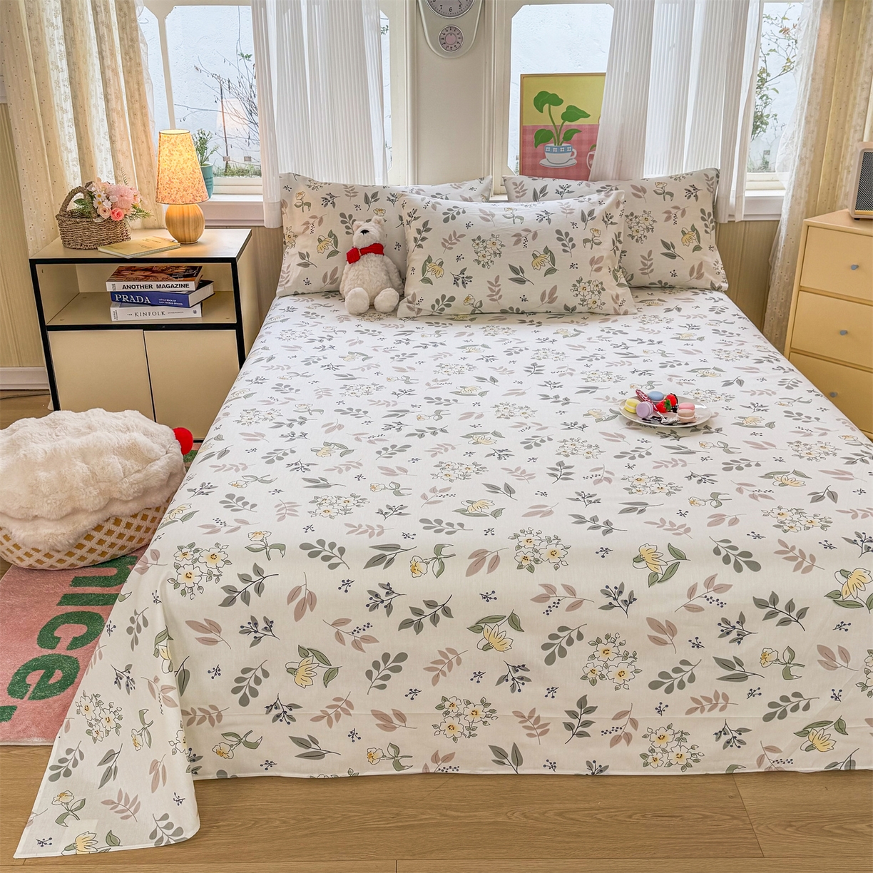 91家纺网 家纺一手货源 找家纺 晨晨家纺 2026春夏新款小清新全棉纯棉印花床单三件套 花韵