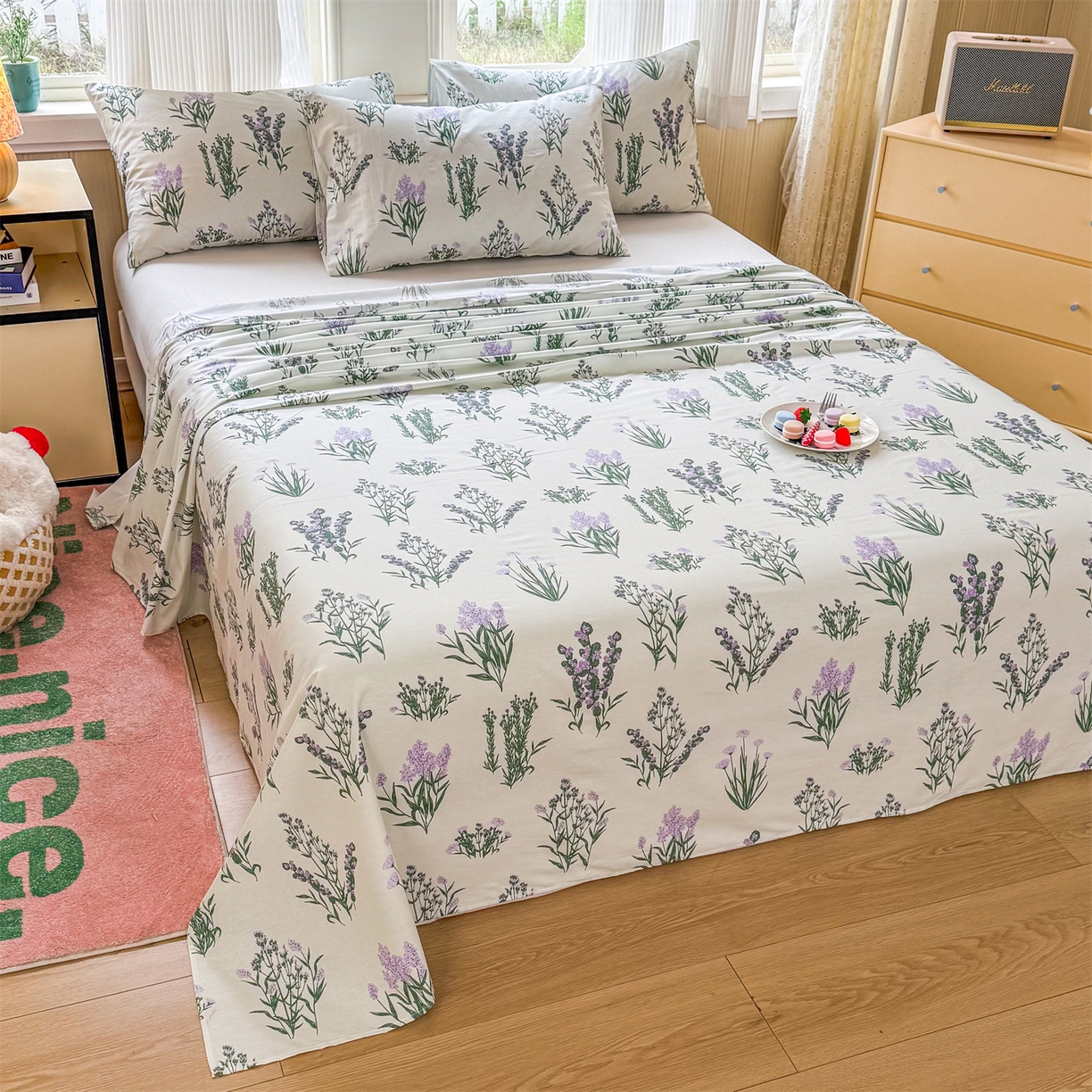91家纺网 家纺一手货源 找家纺 晨晨家纺 2026春夏新款小清新全棉纯棉印花床单三件套 薰衣草