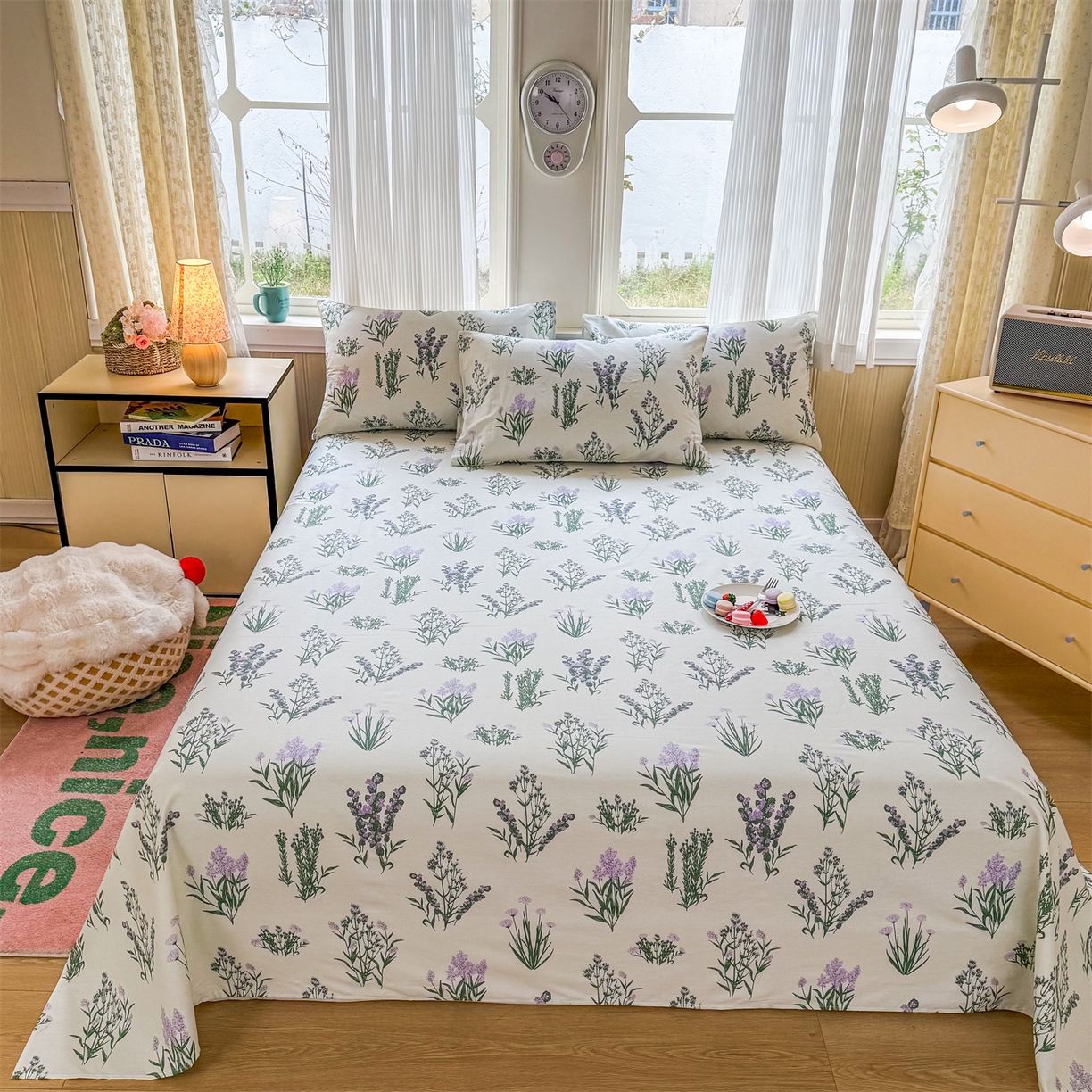 91家纺网 家纺一手货源 找家纺 晨晨家纺 2026春夏新款小清新全棉纯棉印花床单三件套 薰衣草