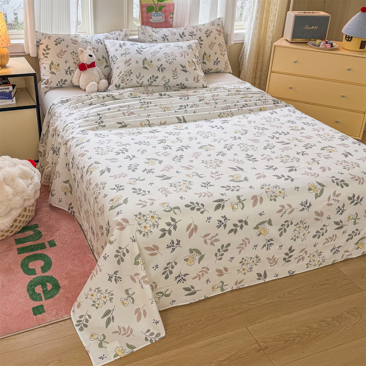 91家纺网 家纺一手货源 找家纺 晨晨家纺 2026春夏新款小清新全棉纯棉印花床单三件套 花韵