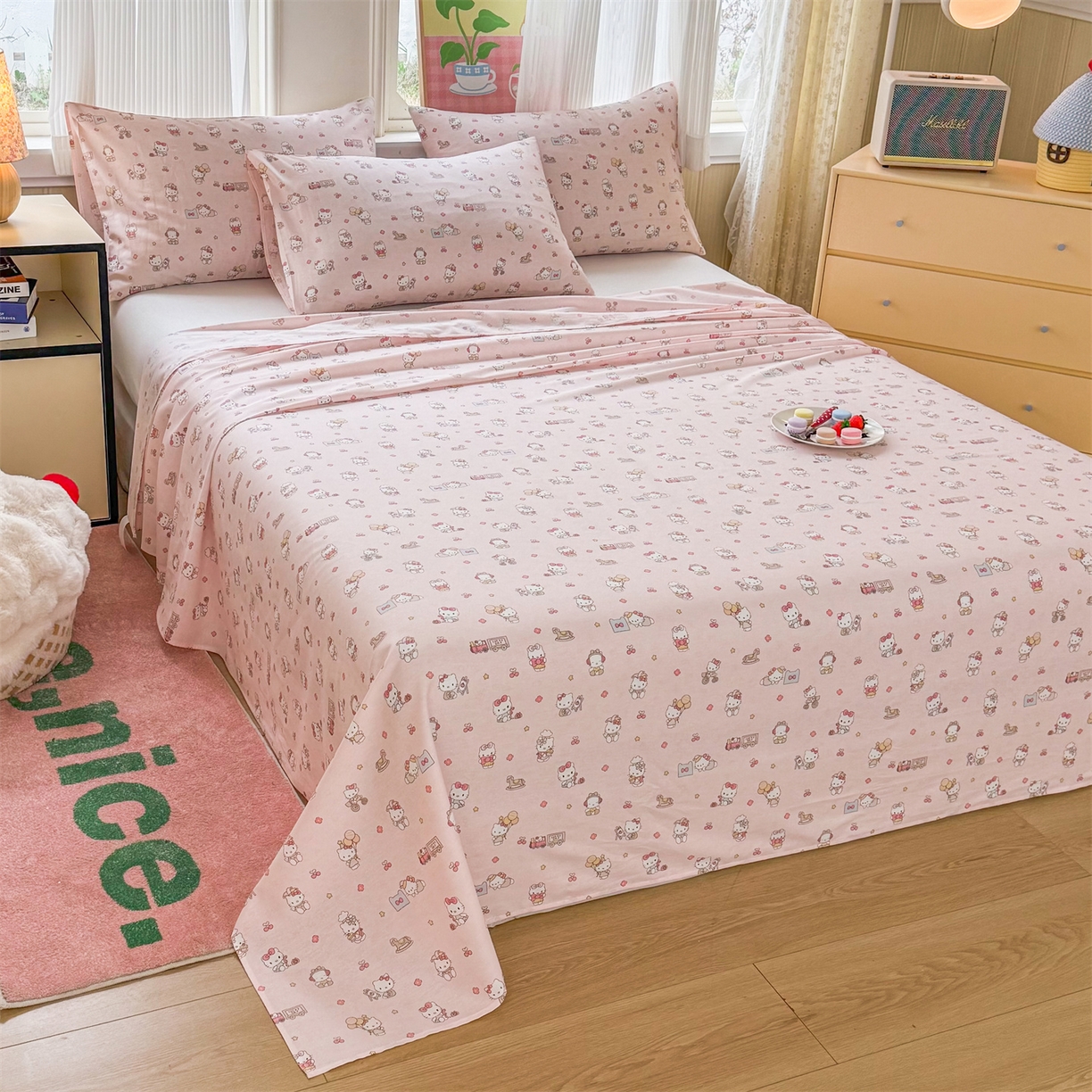 91家纺网 家纺一手货源 找家纺 晨晨家纺 2026春夏新款小清新全棉纯棉印花床单三件套 凯蒂公主