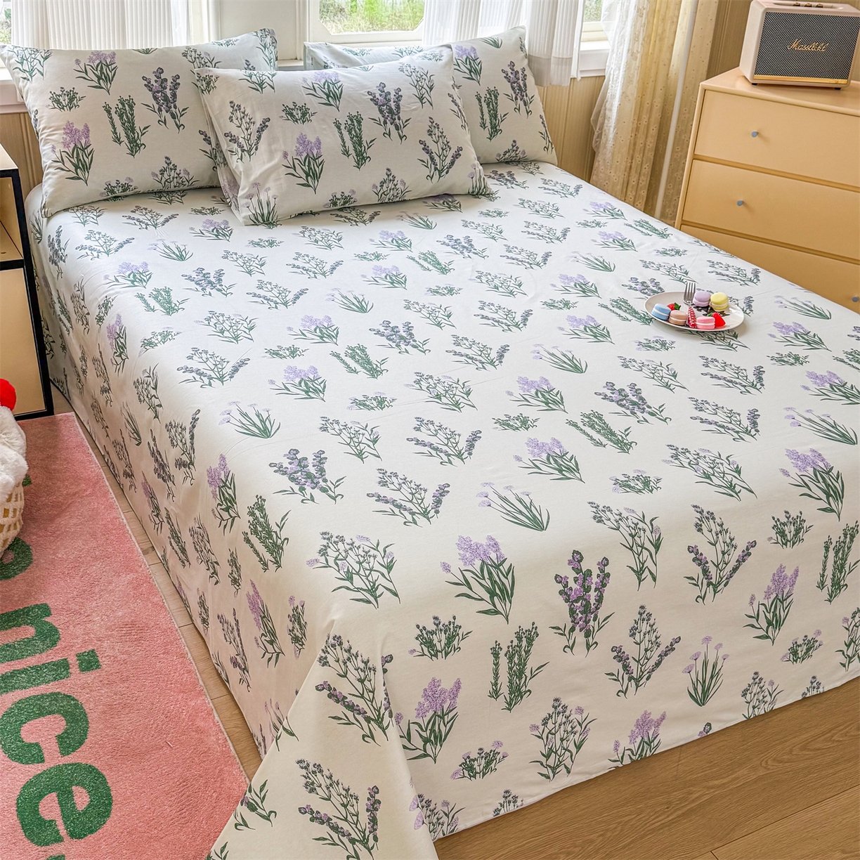晨晨家纺 2026春夏新款小清新全棉纯棉印花床单三件套 薰衣草